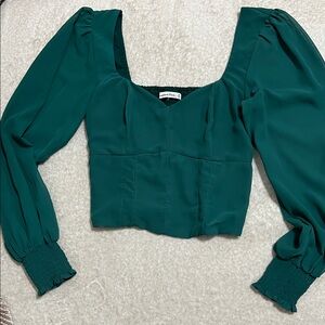 Abercrombie & Fitch- Emerald Green Square Neck Puff Sheer Sleeve Crop Top size M